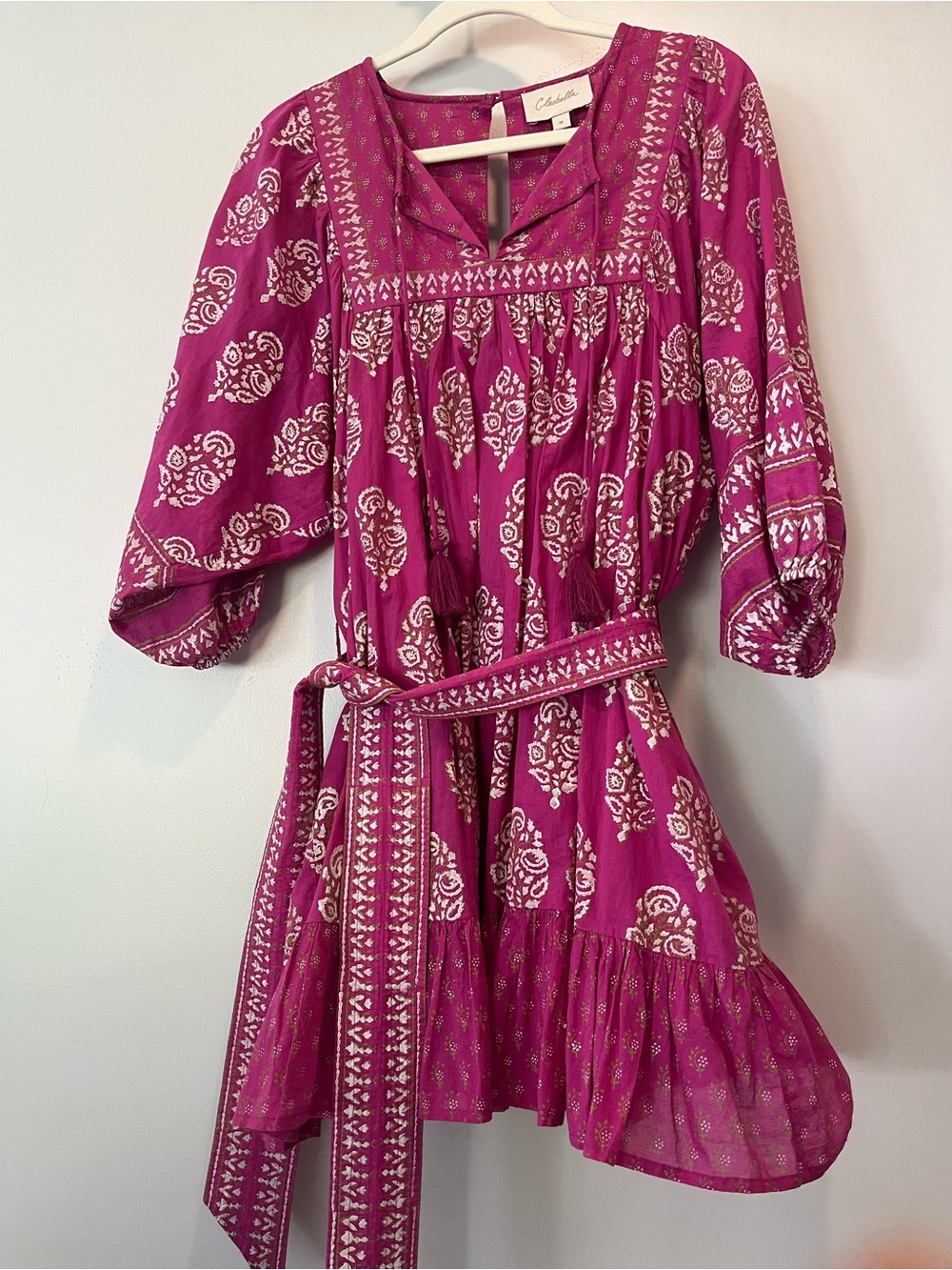 Magenta Printed Boho Tunic Dress with Belt / sash block, print with tassels SZ M